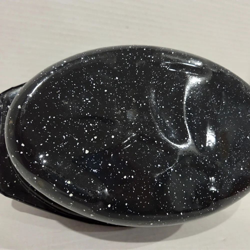 Vintage Black Granite Enamelware Oval Roasting Pan with Lid 12.5x8 Speckled